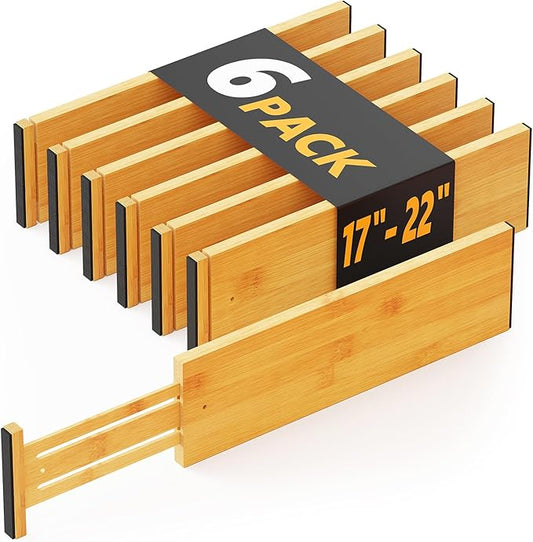 SpaceAid Bamboo Dresser Drawer Dividers 6 Pack, 4.65“ High Adjustable 17“-22” Drawer Organizers, Expandable Organization for Clothing, Clothes, Dressers, Natural-DeskLoop Office