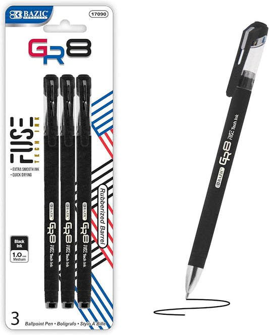 BAZIC Oil Gel Fuse Tech Ink Pen, GR8 Black Color w/Rubberized Barrel, 0.7 mm Medium Point Smooth Writing (3/Pack), 144-Packs-DeskLoop Office
