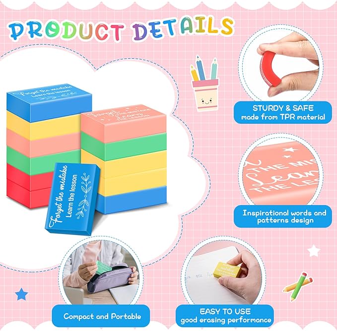 Nezyo 150 Pcs Inspirational Erasers Bulk for Kids Back to School Gifts Neon Colored Pencil Erasers Motivational Reward Supplies for Classroom Students Drawing-DeskLoop Office