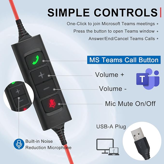 Callez USB Headset with Mic, Computer Headset with ENC Dual Noise Cancelling Microphone & MS Teams Call Button, Wired Mono Headphones for PC Laptop Mac Teams Zoom Home Office Work-DeskLoop Office