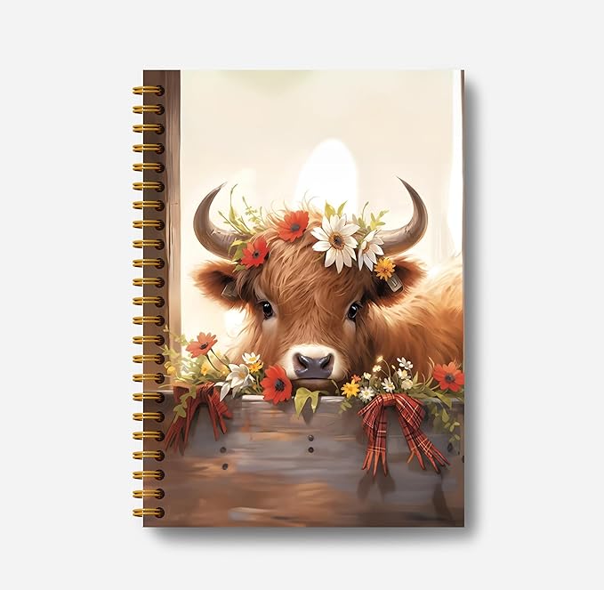 Floral Highland Cow Notebook - Western Cow Notebook, Highland Cow Office Supplies, Highland Cow Gifts, Cow Lover Gifts, Cute Cow Stuff, Farmhouse Highland Cow Spiral Notebook 5.5x8.3-DeskLoop Office
