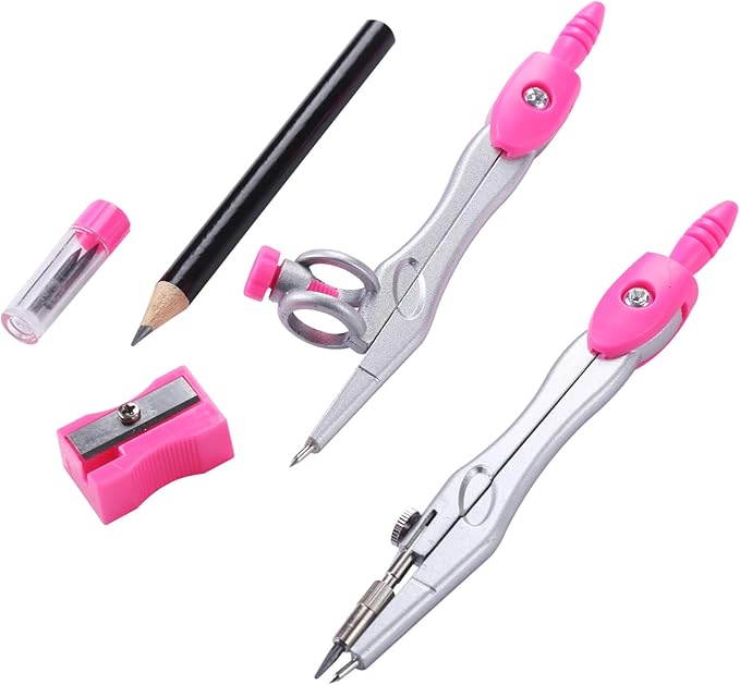 Math Geometry Kit Sets 10 Piece Student Supplies with Shatterproof Storage Box,Includes Rulers,Protractor,Compass,Eraser,Pencil Sharpener,Lead Refills,Pencil,for Drafting and Drawings(Pink)-DeskLoop Office