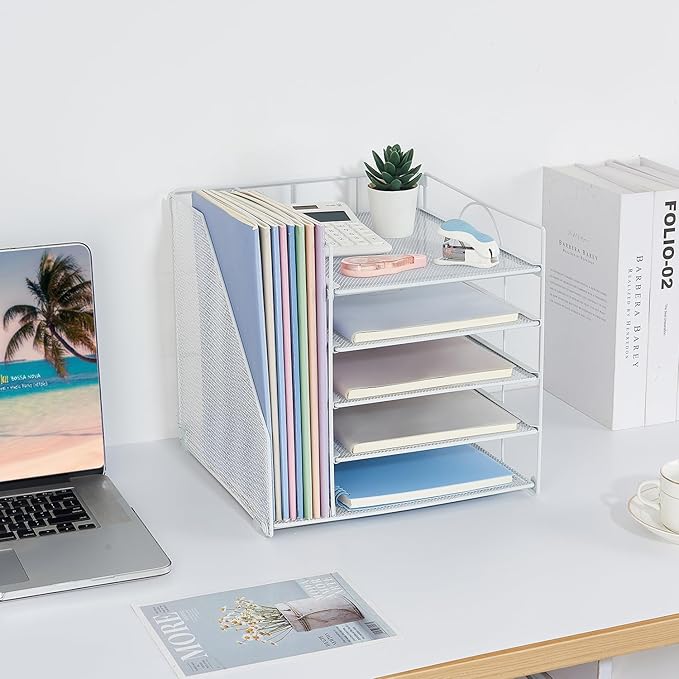 Desk Organizers and Accessories, 5-Tier Paper Letter Tray Organizer with File Holder, Desktop Organizer for Office Supplies, Office Desk Accessories & Workspace (White)-DeskLoop Office