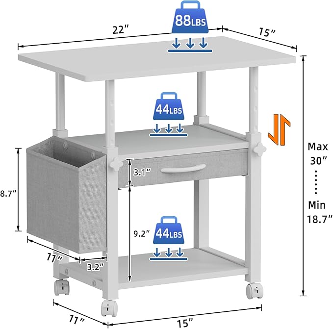 Large 22"x15" Printer Stand, 3-Tier Height Adjustable with Storage Drawer & Side Bag, Rolling Cart for Heat Press/Laser/3D Printer (White)-DeskLoop Office