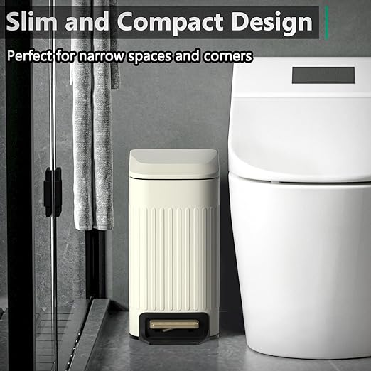 Small Bathroom Trash Can with Lid Soft Close-6L/1.6 Gal Slim Step Garbage Can-Metal Pedal Wastebasket-Narrow Rectangle Garbage Container Bin for Corner Office, Bedroom, Toilet, Live Room-Beige-DeskLoop Office