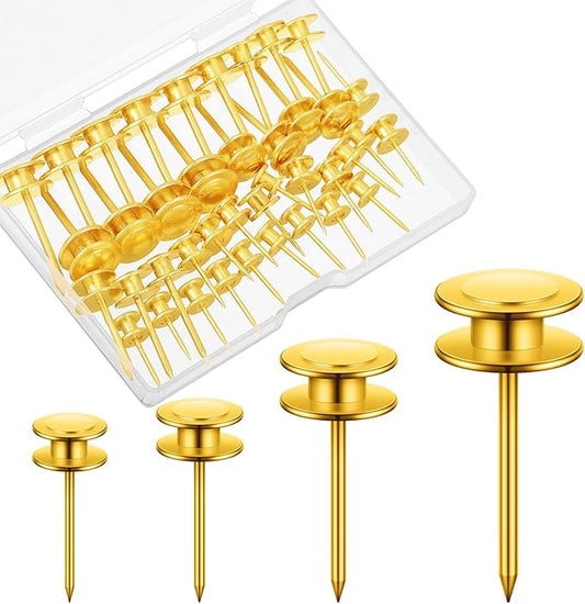 Ferraycle 40 Piece Double Headed Picture Hangers Nails 4 Size Long Thumb Tacks for Wall Hanging Decorative Nails Push Pins Picture Hooks for Drywall Photo Decor, 10/20/ 30/ 50lb(Gold)-DeskLoop Office