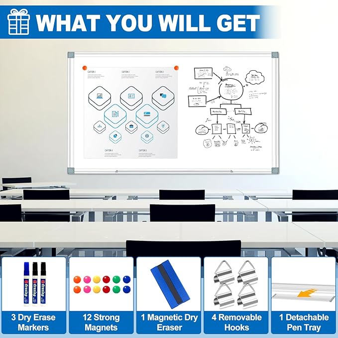 White Board Dry Erase Whiteboard for Wall 72" x 48" Aluminum Presentation Magnetic Whiteboards with 4 Hooks, 12 Magnets, 3 Markers & 1 Eraser-DeskLoop Office