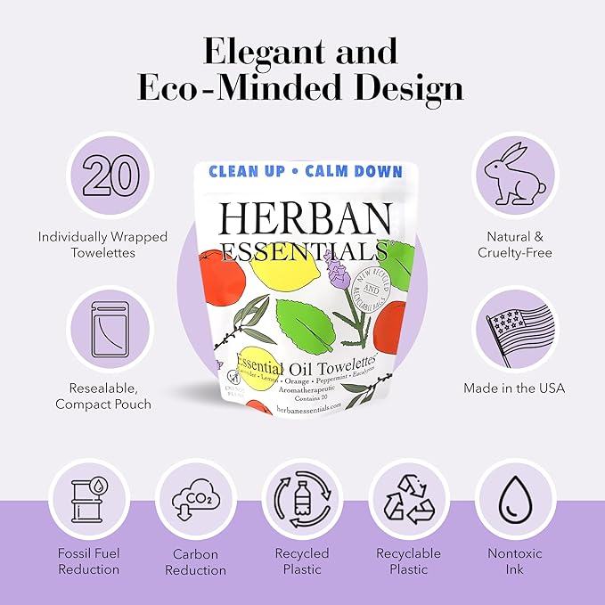Herban Essentials - Assorted Wipes & Towelettes - Essential Oil Wipes for Hands, Face and Body - Travel Size Essentials and Toiletries - Natural, Individually Wrapped, Disposable and Moist (20 count)-DeskLoop Office