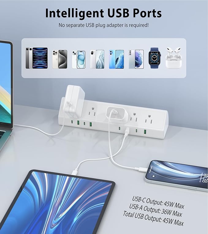 45W Fast Charging Station,Desk Clamp Power Strip,4 PD USB-C Ports,5 AC Outlets,Surge Protector Power Strip, 14AWG Heavy Duty Cord, Fits 1.9" Tabletop Edge (White, 10 FT Cable)-DeskLoop Office