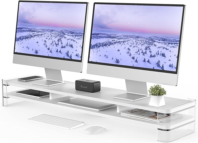 Fenge Acrylic Monitor Stand Riser, Clear Dual Acrylic Computer Monitor Stand for 2 Monitors, 2 Tier Wood Office Desk Storage Organizer for Laptop, Computer, TV Stand-DeskLoop Office