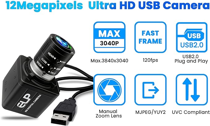 USB Camera 4K 12 Megapixels USB Webcam 1080P 120fps High Speed Golf Swing Cam with 3X Manual Optical Zoom Lens Close up PC Computer Plug and Play for Live Streaming Industrial Project Meeting-DeskLoop Office