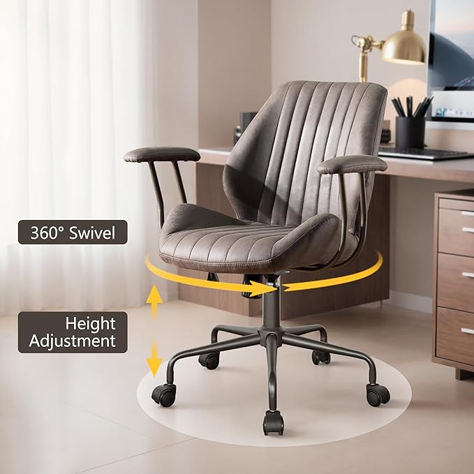 Mid Century Modren Office Chair - Mid Back Swivel Executive Chair with Lumbar Support,Ergonomic Computer Desk Chair with Wheels,Faux Lether Suede Task Chair,350lbs (Grey, Mid Back)-DeskLoop Office