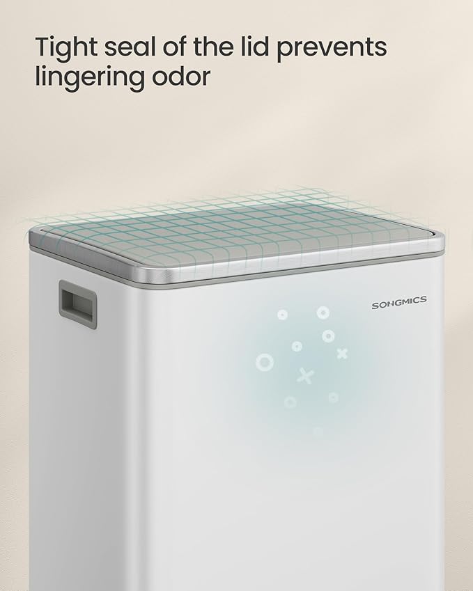 SONGMICS Trash Can, 13-Gallon Gabbage Can, with 15 Trash Bags, Steel, with Soft-Close Lid, Removable Inner Bucket, Handles, Cloud White ULTB595W01V1-DeskLoop Office