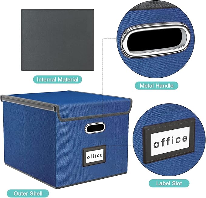 Huolewa Decorative File Organizer Boxes Office Document Storage with Lids, Portable Collapsible Linen Hanging Filing & Storage Boxes for Office/Decor/Home (Royal Blue) -14.9 x 12.7 x 10.8 inch -2 Pack-DeskLoop Office
