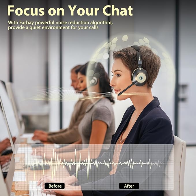 Earbay Wireless Headset with Mic for Work, Bluetooth Headset V5.3, AI Noise Cancelling Mic & 2.4G USB Dongle, 50 Hrs Work Time Wireless Headphones with Mic Mute for Work from Home/Call Center/Teams-DeskLoop Office