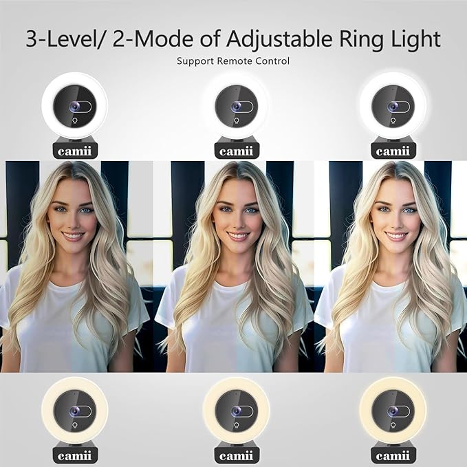 4K Webcam with Light, HD Webcam for PC with Remote Control, Built-in Privacy Cover, Adjustable Brightness, Noise Reduction Mics, for Zoom Skype Teams Laptop and Google Meet-DeskLoop Office