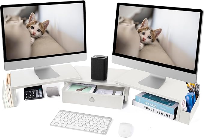 Dual Monitor Stand Riser w/ Drawer & Metal Leg, Large White Computer Monitor Riser w/ Storage For 2 Screens, Desk Shelf w/ Adjustable Length & Angle, Desktop Organizer-DeskLoop Office