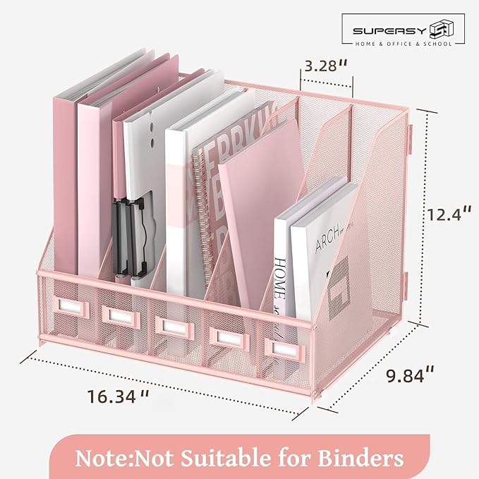 SUPEASY Desk Organizers Metal Desk Magazine File Holder with 5 Vertical Compartments Rack File Organizer for Office Desktop, Home Workspace, Pink-DeskLoop Office