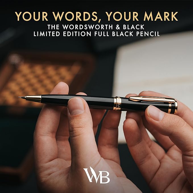 Wordsworth and Black Mechanical Pencil Graphite Lead- Stunning Luxury Metal Pencil, Black Lacquer 24K Gold Finish, 0.7mm Led, Best Gift Set for Men & Women, Professional Executive Office Pencils-DeskLoop Office