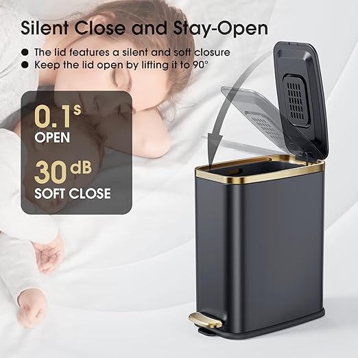 CEROELDA Small Bathroom Trash Can with Lid Soft Close-5L/1.3 Gal Slim Garbage Can-Metal Step Wastebasket-Rectangle Narrow Waste Bin for Office, Bedroom, Toilet, Live Room-Black-DeskLoop Office