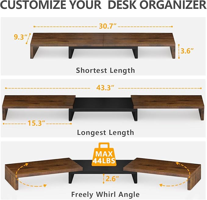 TAVR Dual Monitor Stand Riser, Computer Monitor Stands for 2 Monitors, Extra Long Multifunctional Desktop Organizer Riser for Computer, Laptop, PC, Printer, TV, Max 43.3" Length, Rustic Brown-DeskLoop Office