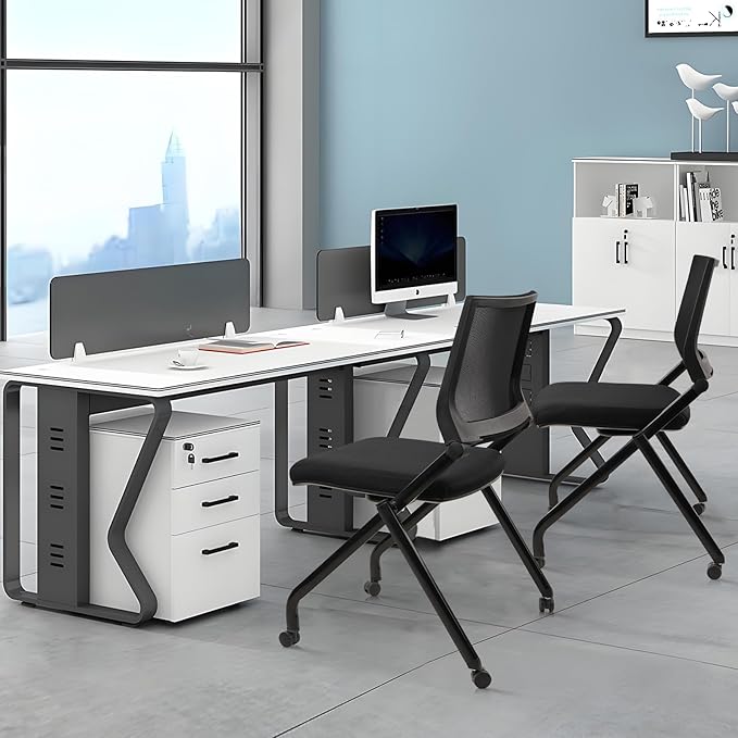 CLATINA Stackable & Foldable Conference Room Chairs, Waiting Room Chairs with Wheels & Lumbar Support, Ergonomic Mesh Bouncing Back Folding Chair for Office Meeting Schools Training Room, Black(4pk)-DeskLoop Office