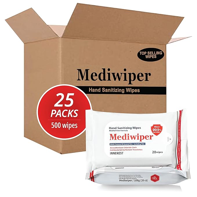 Mediwiper 500 Wipes (20Count*25Pack) Alcohol-Free Sanitizing Wipes Disinfecting Large Unscented Wet Wipes Bulk, Hand Sanitizer-DeskLoop Office