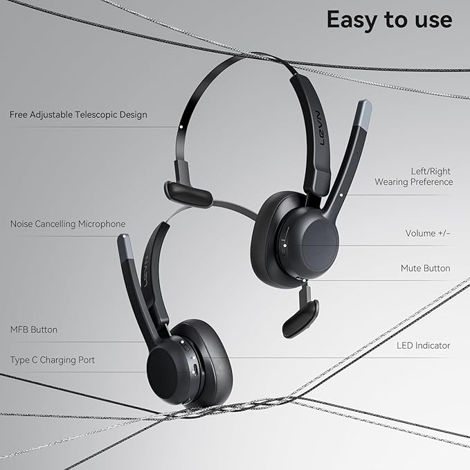 LEVN Trucker Headset, Trucker Bluetooth Headset with Noise Cancelling Microphone & Mute Button, Bluetooth Headsets V5.2 Multipoint for Work from Home/Cell Phone/Computer/Zoom/Teams/Truck Driver-DeskLoop Office