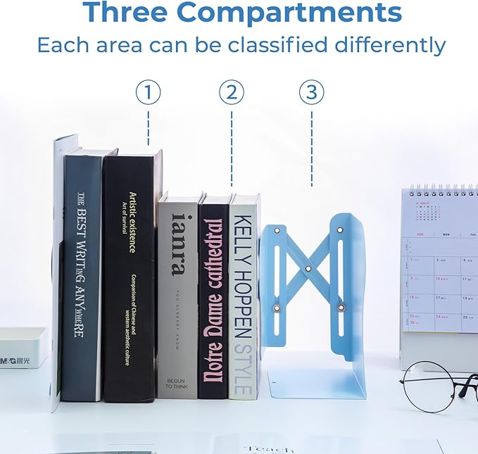 M&G Adjustable Bookends Book Ends for Shelves, Metal Bookend for Heavy Books, Desk Magazine File Organizer Holder Extends up to 20in, Book Stopper for Home, Office, Classroom (Blue)-DeskLoop Office
