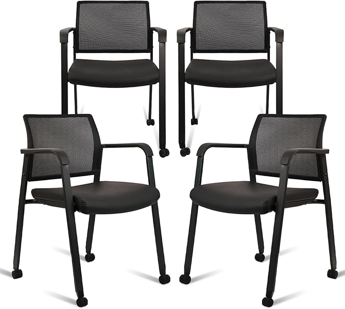 CLATINA Stacking Office Chair with Wheels, Mesh Back Waiting Room Guest Chairs with Arms Comfortable Leather Cushion Stackable Desk Chair for Conference Reception School Side Stationary, Black, 4PK-DeskLoop Office