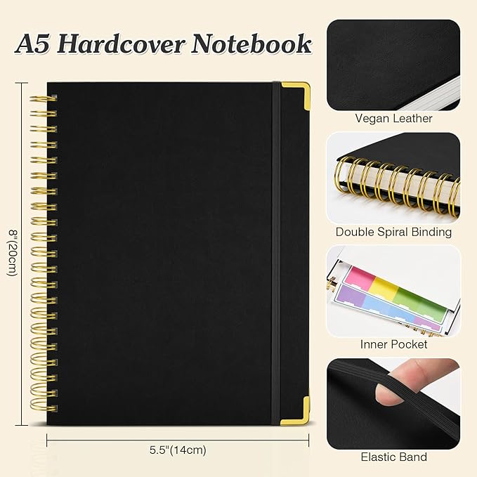 Spiral Notebook, 300 Numbered Pages Notebooks College Ruled with Contens, 100GSM Thick Journal for Women Men, Hardcover Leather Lined Journal for Writing, Large A5 Notebooks for Work School, 6" x 8"-DeskLoop Office