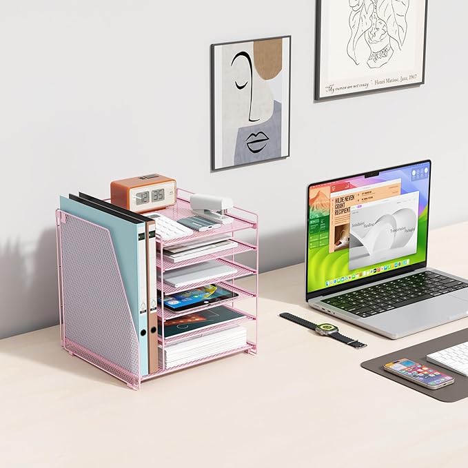 gianotter Desk Organizers and Accessories, 6-Tier Paper Organizer with Magazine rack, File Organizer for Desk, Desk Organizers for Women, Pink Office Decor (Pink)-DeskLoop Office
