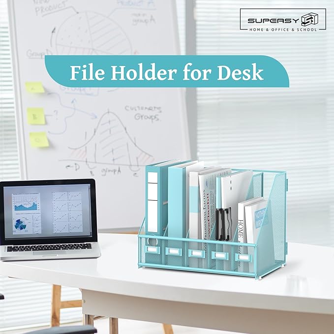 SUPEASY Desk Organizers Metal Desk Magazine File Holder with 5 Vertical Compartments Rack File Organizer for Office Desktop, Home Workspace, Blue Plus-DeskLoop Office