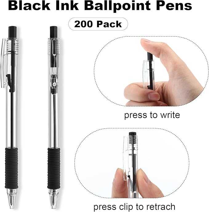 200 Pack Black Gel Ink Pens Bulk, 1.0mm Retractable Click Point Ballpoint Pens Smooth Writing with Comfortable Grip for Back to School Office Classroom Business Home Work Supplies-DeskLoop Office