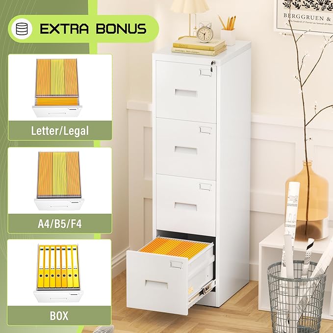 Crownland Lateral File Cabinet with 4 Drawers, 15" W Metal Lockable Office File Cabinets for Home Office- Stores Letter/Legal/A4/F4 Files(White)-DeskLoop Office