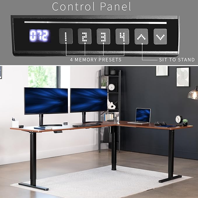 VIVO Electric Corner L-Shaped 84 x 63 in Standing Desk, Memory Height Adjustment, Dark Walnut Top Black Frame, DESK-E3CTBD-84-DeskLoop Office