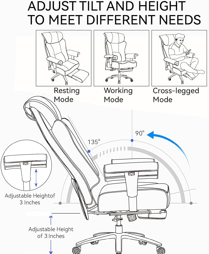 Big and Tall Ergonomic Office Chair 450LBS with Foot Rest, High Back PU Leather Executive Chair with Adjustable Padded Armrests, Lumbar Support for Home or Work, Heavy Duty Computer Chair, Brown-DeskLoop Office