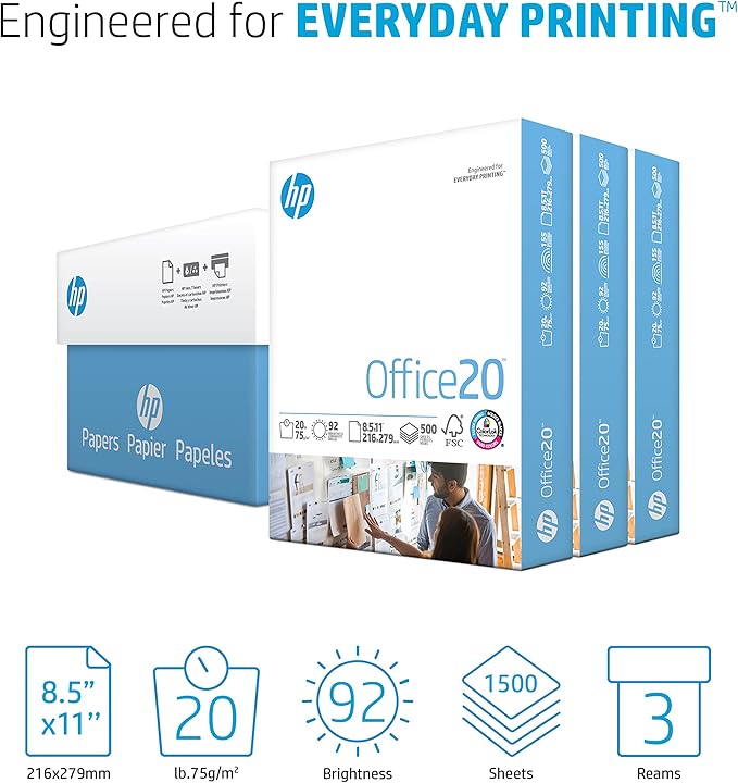 HP Printer Paper | 8.5 x 11 Paper | Office 20 lb | 3 Ream Case - 1500 Sheets | 92 Bright | Made in USA - FSC Certified | 112090C, White-DeskLoop Office