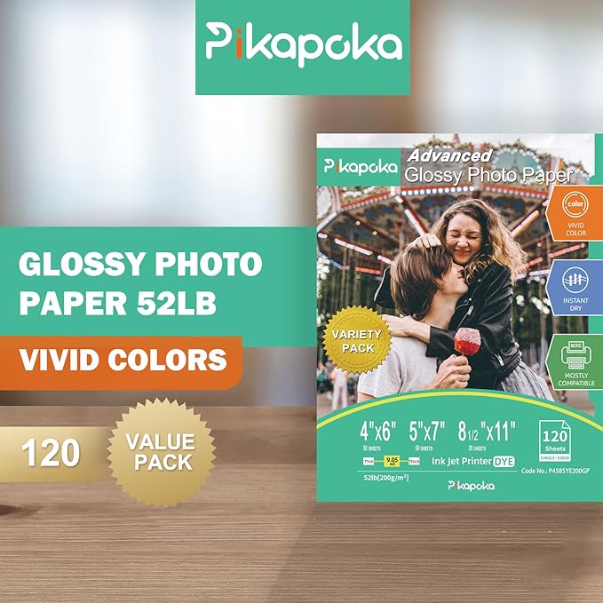 Glossy Photo Paper 4x6, 5x7, 8.5x11, 120 Variety Pack Bulk, Assorted Sizes, Inkjet printer, 52lb/200gsm-DeskLoop Office