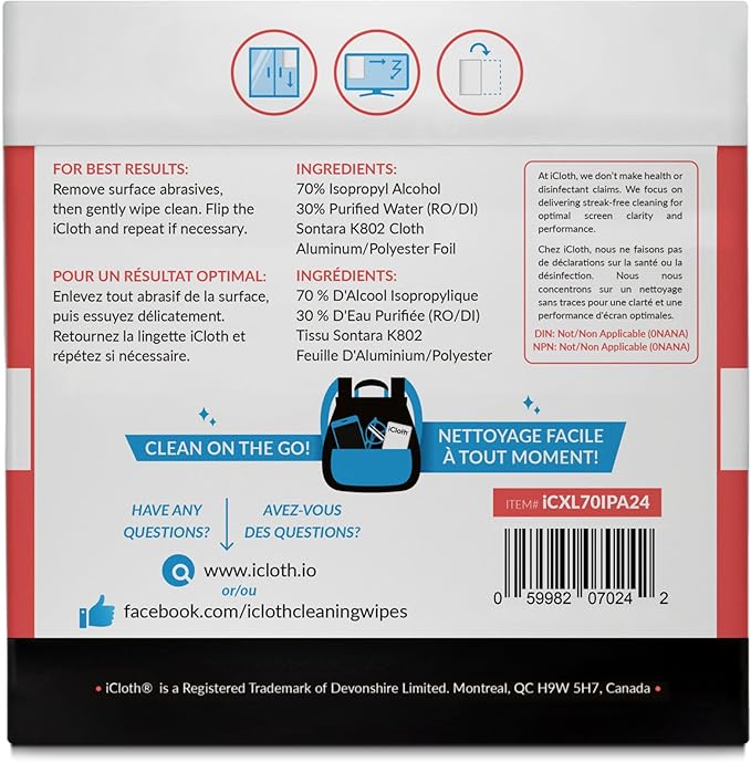 iCloth 70% Isopropyl Alcohol XL Screen and Electronics Wipes, Lint-Free, Streak-Free, Fast-Drying, Removes Dust and Fingerprints (24 Wipes)-DeskLoop Office