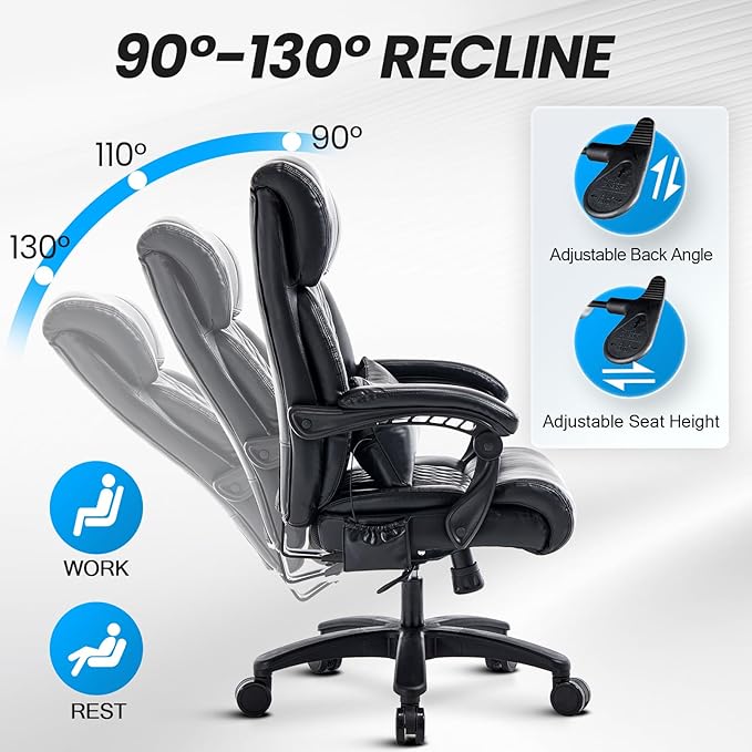 Lumbar Massage Office Chair, 500LBS Big and Tall Office Chair, Heavy Duty Ergonomic Executive Reclining Chair with High Back and Lumbar Support, Black-DeskLoop Office