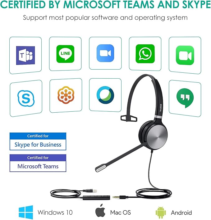 Yealink UH36 Professional USB Headset Wired Headphones for Work Calls and Music, Headset with Noise Cancelling Mic for Computer PC Laptop(UC Compatible, Mono,3.5mm Jack/USB Connection)-DeskLoop Office