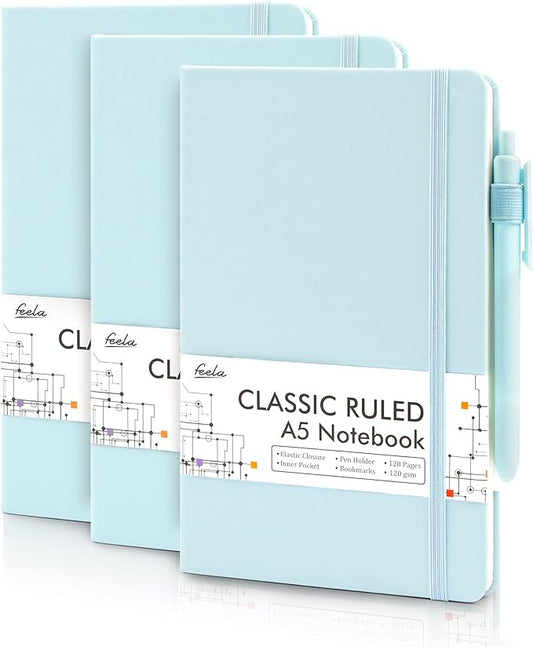 feela 3 Pack Notebooks Journals Bulk, Hardcover Notebook Classic Ruled Lined Journals with Pen Holder for Women Girls School Business Supplies, with 3 Black Pens, 120 GSM, 5.1”x8.3”, A5, Sky Blue-DeskLoop Office