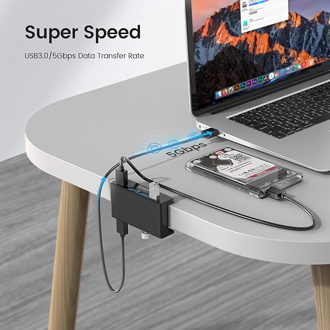 ORICO USB 3.0 Hub, USB Hub Clamp, Aluminum 4-Port USB Splitter with Extra Power Supply Port and 4.92 FT USB Data Cable, Desktop Powered USB Hub for Monitors/Desks-Black (Without Power Adapter)-DeskLoop Office
