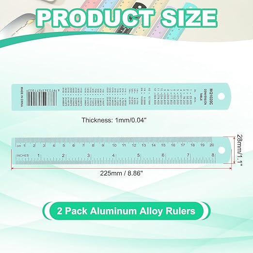 PATIKIL 20cm/8" Metal Ruler, 2 Pack Aluminum Alloy Rulers with Centimeters, Millimeters, Inches and Conversion Table Straight Edge Ruler for Writing Machinist Drafting, Blue Green-DeskLoop Office