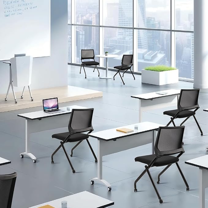 CLATINA Stackable & Foldable Conference Room Chairs, Waiting Room Chairs with Wheels & Lumbar Support, Ergonomic Mesh Bouncing Back Folding Chair for Office Meeting Schools Training, Black-DeskLoop Office