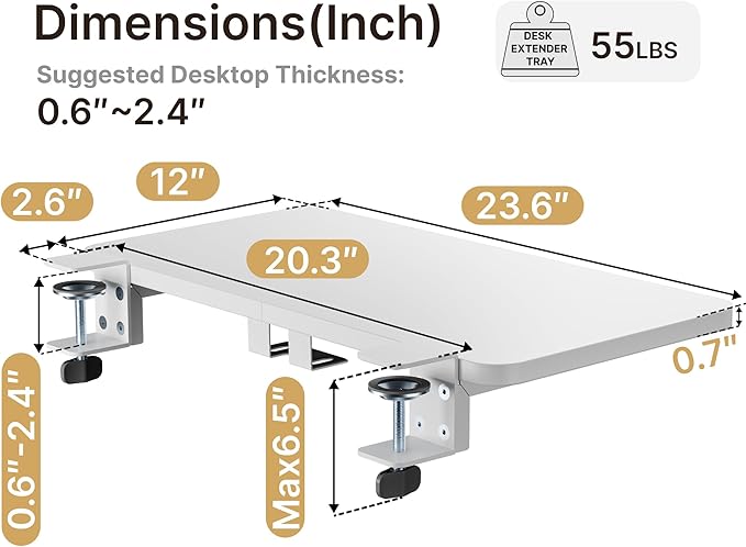 Desk Extender Tray, 24" x 12" Clamp On Shelf, Desk Extension with Laptop Holder, Table Arm Rest, Clamp On Keyboard Tray for Office and Home, Workstation Organizer, Medium, White-DeskLoop Office