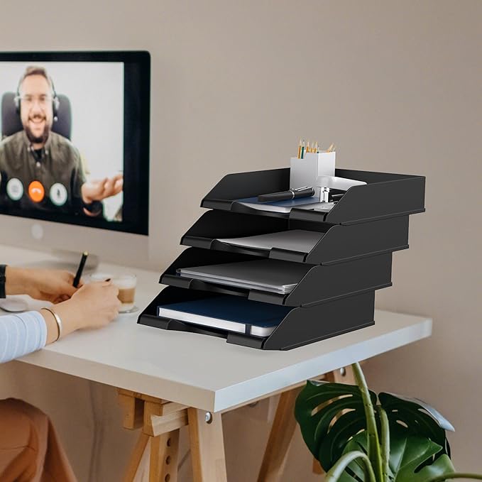 4 Pack Stackable Paper Trays for Letter Documents, Desktop File Organizers for Office Supplies, Stackable Desk Tray Holder for Paper Storage, Black-DeskLoop Office