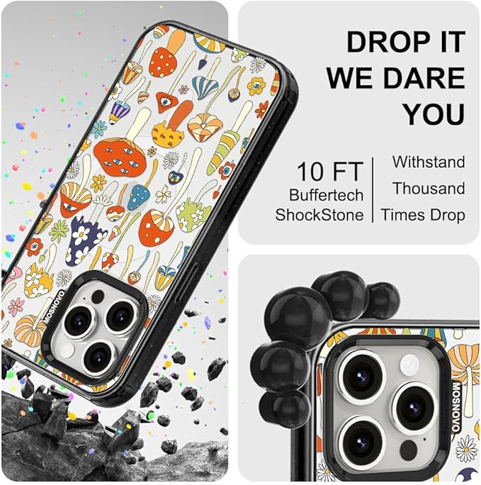 MOSNOVO Magnetic Case for iPhone 15 Pro Max, 10ft Military-Grade Protection, Compatible with Magsafe, Shockproof Phone Case for iPhone 15 Pro Max - Mushroom Art - Clear Black-DeskLoop Office