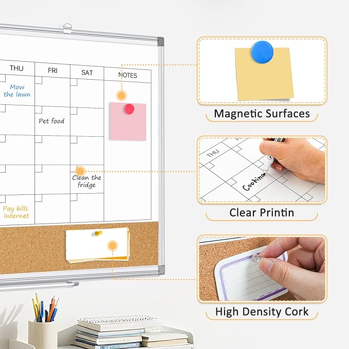 Large Dry Erase Calendar for Wall, 36"x24" Double-Sided Magnetic Whiteboard Calendar with Cork Board, Aluminum Frame Monthly White Board Memo Message Board for Office, Home, School, Kitchen-DeskLoop Office